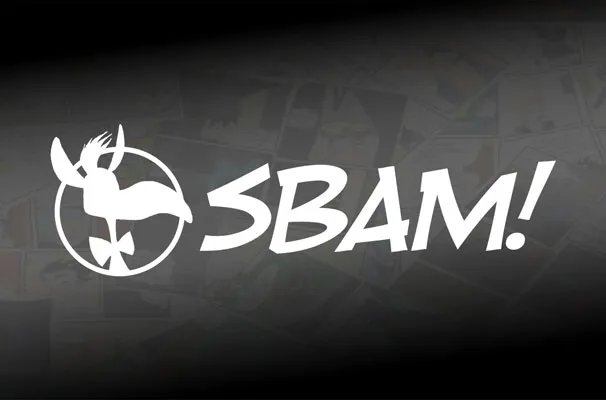 Il logo di Sbam! Comics su uno sfondo di tavole a fumetti.